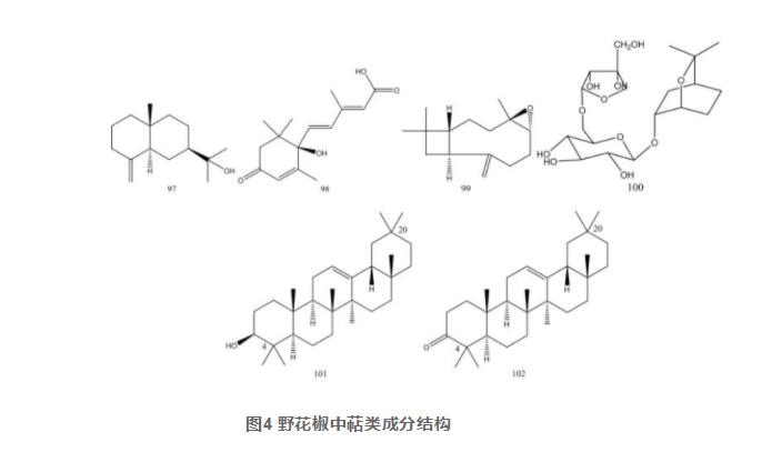 野花椒中报道了8个萜类化合物(97~102),结构类型有倍半萜类和三萜类
